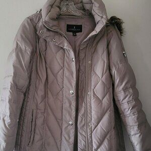 London Fog women's beige winter coat (50% down), faux fur lined hood, size L